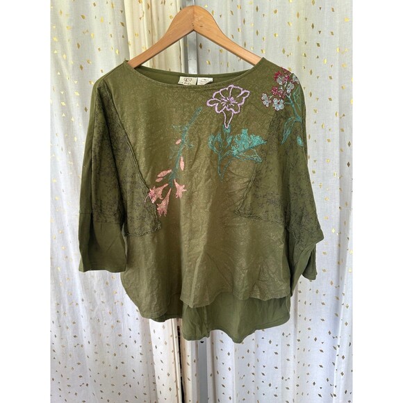La Blend 100% Cotton Art To Wear Painted Stamped Embroidered Hand Stitched Top M - Picture 2 of 7